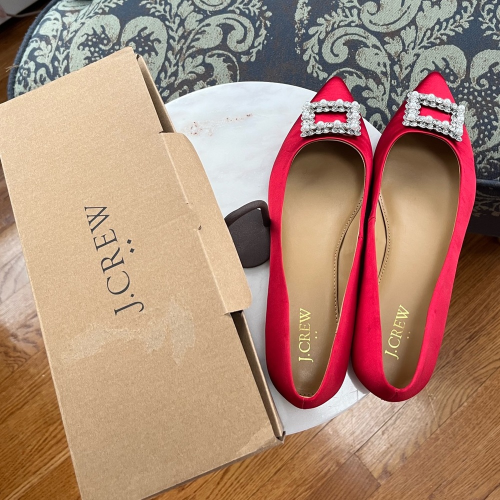 NIB- J Crew Ruby Satin Pointy Toe Jeweled Flats - Picture 7 of 10